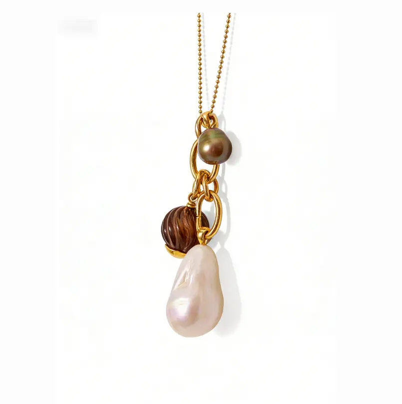Baroque Pearl & Tiger's Eye Charm Ball Chain Necklace (316L Stainless Steel)