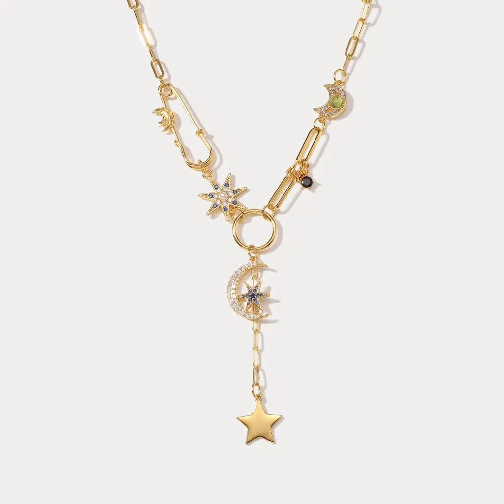 Celestial Star & Moon Y-Shaped Lariat Necklace (316L Stainless Steel)
