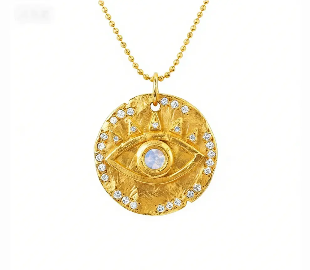Evil Eye Moonstone Medallion Ball Chain Necklace (316L Stainless Steel)