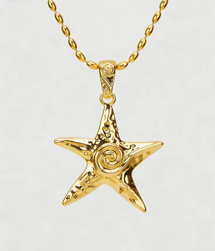 Textured Starfish Pendant Ball Chain Necklace (316L Stainless Steel)