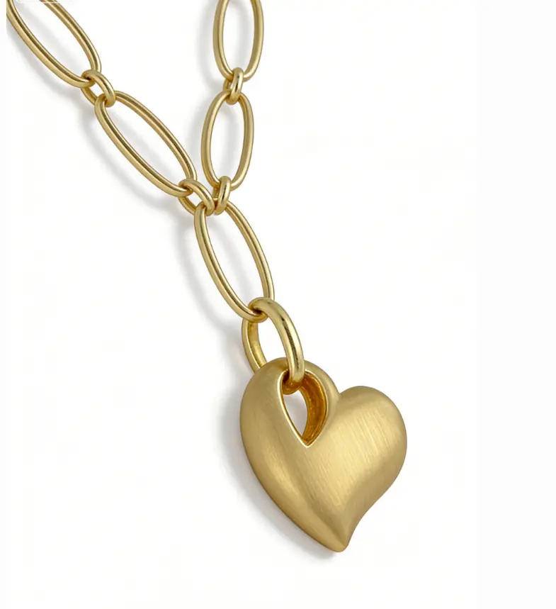 Brushed Heart Lariat Paperclip Chain Necklace (316L Stainless Steel)