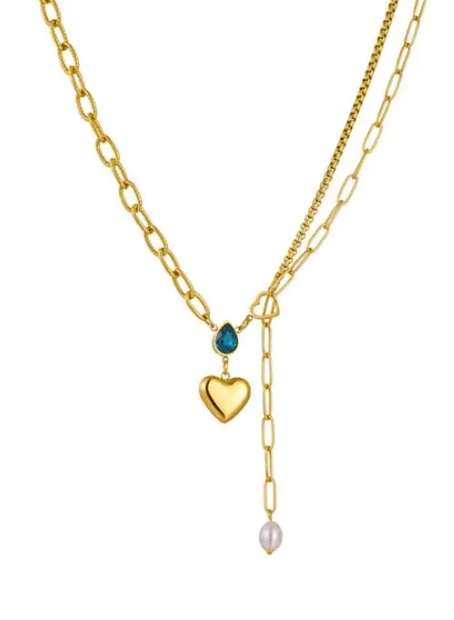 Dual Chain Heart & Pearl Lariat Necklace (316L Stainless Steel)