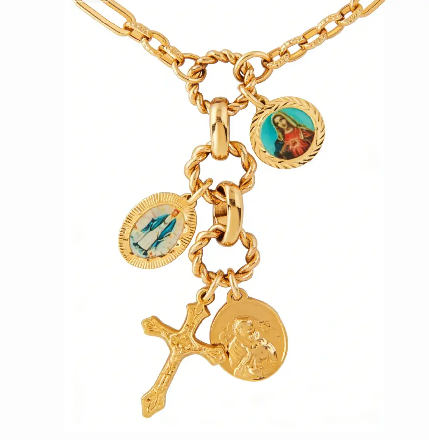 Religious Saint & Cross Multi-Charm Paperclip Chain Necklace (316L Stainless Steel)